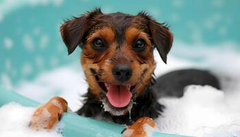 Funny dog taking a bath with soap foam. Portrait of a cute little wet dog. photo