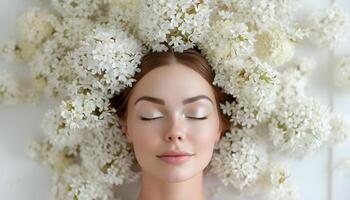 retrato de un bonito mujer en un blanco antecedentes con un primavera flor guirnalda en su cabeza. foto