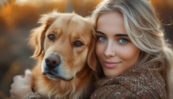 Beautiful blonde woman with cute dog. photo