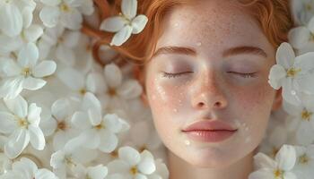 Beautiful young woman lying in a bath with flowers. Spa treatment.Water drops on her face. photo