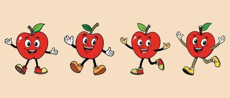 Set of Apple retro funky cartoon characters. vector