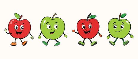 Set of green and red Apple retro funky cartoon characters vector