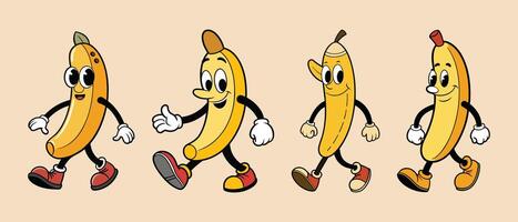 Set of Banana retro funky cartoon characters. vector