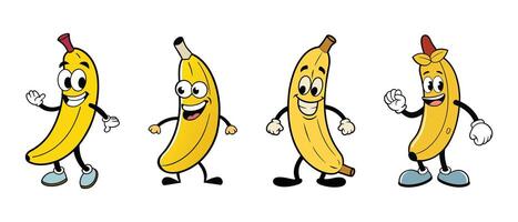 Set of Banana retro funky cartoon characters. vector