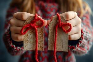 Hands Clasping Textured Handmade Tags with Red Yarn Bows on Musical Note Background, Sale Concept photo