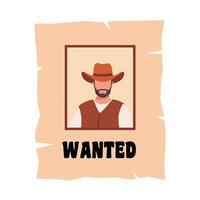 Vintage wild west wanted poster with old paper texture. Vintage wanted poster with description of revard when apprehending criminal and cowboy photo in the middle. vector