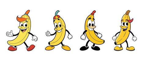 Set of Banana retro funky cartoon characters. vector