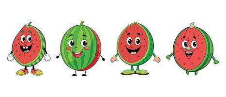 Set of Watermelon retro funky cartoon characters. vector
