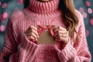 Young Woman in Pink Knit Sweater Holding Craft Gift Tag with Ribbon photo