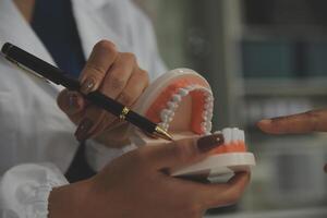 Concentrated dentist sitting at table with jaw samples tooth model and working with tablet and laptop in dental office professional dental clinic. medical doctor working photo