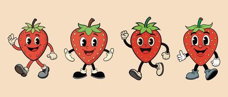 Set of Strawberry retro funky cartoon character. vector