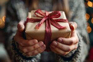 Close-up of Hands Holding a Wrapped Gift with a Red Glitter Ribbon and Soft Bokeh photo
