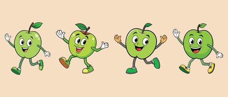 Set of Green Apple retro funky cartoon characters. vector