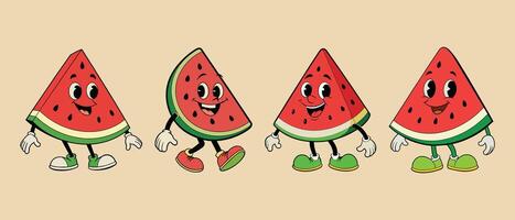 Set of Watermelon retro funky cartoon characters. vector