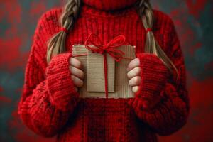 mujer en rojo suéter participación un arte papel envuelto regalo con un rojo hilo arco, grande rebaja foto