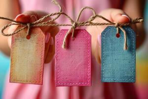 Hands Presenting Vintage Textured Tags with Rustic Twine and Heart Detail on Pink Background, Big Sale photo