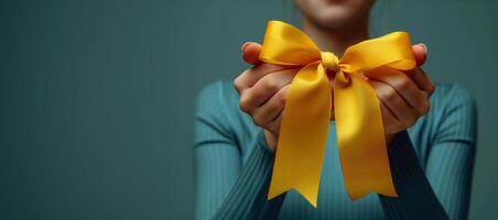 Close-Up of Hands Tying a Bright Yellow Ribbon into a Bow photo