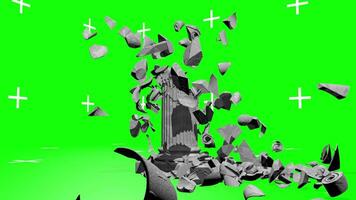 Front view of collapsing Doric column against green background. 3D animation video