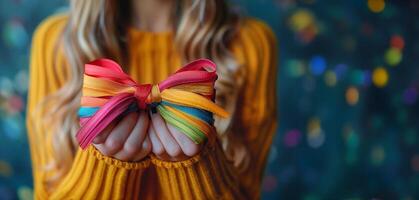 Hands Holding Colorful Satin Ribbons Tied into a Bright Bow, Blue Yellow Concept photo