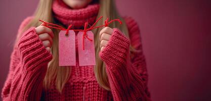 Close-Up of Hands Holding Two Tags with Sales Greetings photo