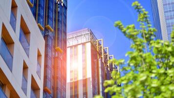 Eco architecture. Green tree and new residential building. Harmony of nature and modernity. Modern apartment building with new apartments in a green residential area. photo