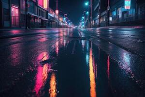 a wet street at night with neon lights photo