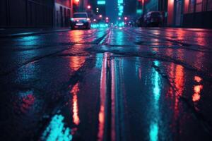 a wet street at night with neon lights photo