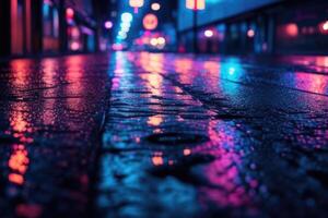 a wet street at night with neon lights photo