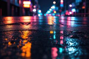 a wet street at night with neon lights photo