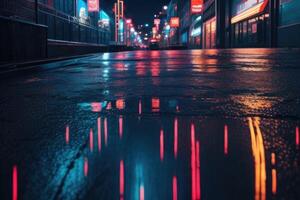 un mojado calle a noche con neón luces foto