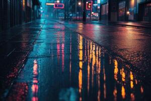 a wet street at night with neon lights photo