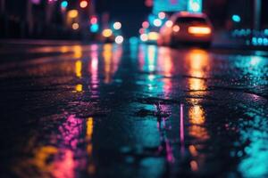 a wet street at night with neon lights photo