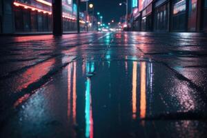 a wet street at night with neon lights photo