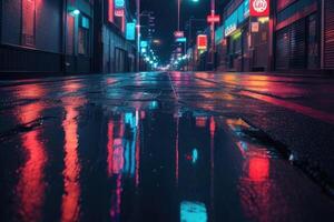 a wet street at night with neon lights photo