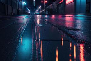 a wet street at night with neon lights photo