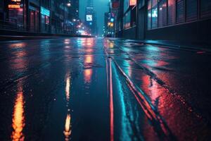 a wet street at night with neon lights photo