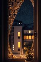 a window with a lighted window frame and a lighted window photo