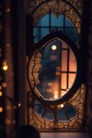 a window with a lighted window frame and a lighted window photo