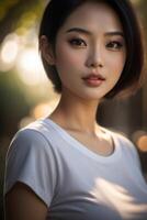 hermosa asiático mujer con largo negro pelo foto