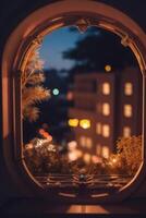 a window with a lighted window frame and a lighted window photo