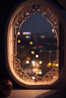 a window with a lighted window frame and a lighted window photo