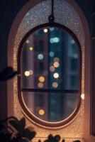 a window with a lighted window frame and a lighted window photo