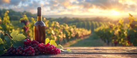 rojo vino botella y uvas en de madera mesa en viñedo a puesta de sol. foto