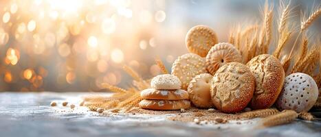 Fresh baked goods on a light background with bokeh. photo