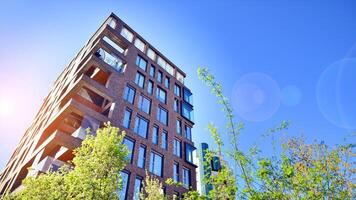 Eco architecture. Green tree and new residential building. Harmony of nature and modernity. Modern apartment building with new apartments in a green residential area. photo