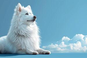 agraciado blanco perro de Pomerania, piel brillante, soportes orgulloso y hermoso, un suave mirada en azur, espacio para texto foto