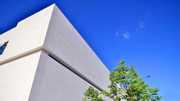 Modern white concrete building walls against blue sky. Eco architecture. Green trees and concrete office building. The harmony of nature and modernity. photo