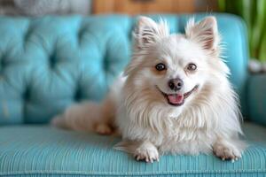 serenidad en un mirada, un perro de Pomerania calma comportamiento conjunto en contra un hogar interior foto