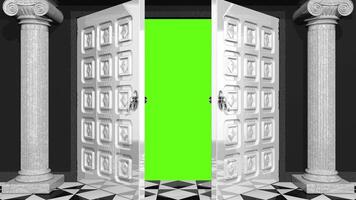 Reflective white doors opening between two Doric columns with white and black checkered floor against green background. 3D Animation video