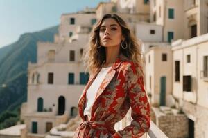 hermosa mujer en ropa de calle Moda foto